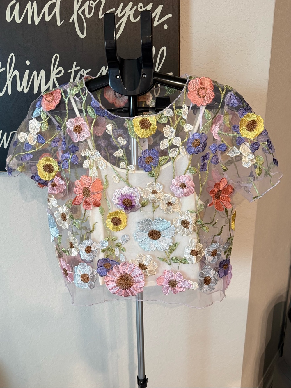 Evolutionary Embroidered Floral Mesh Crop Top NWT